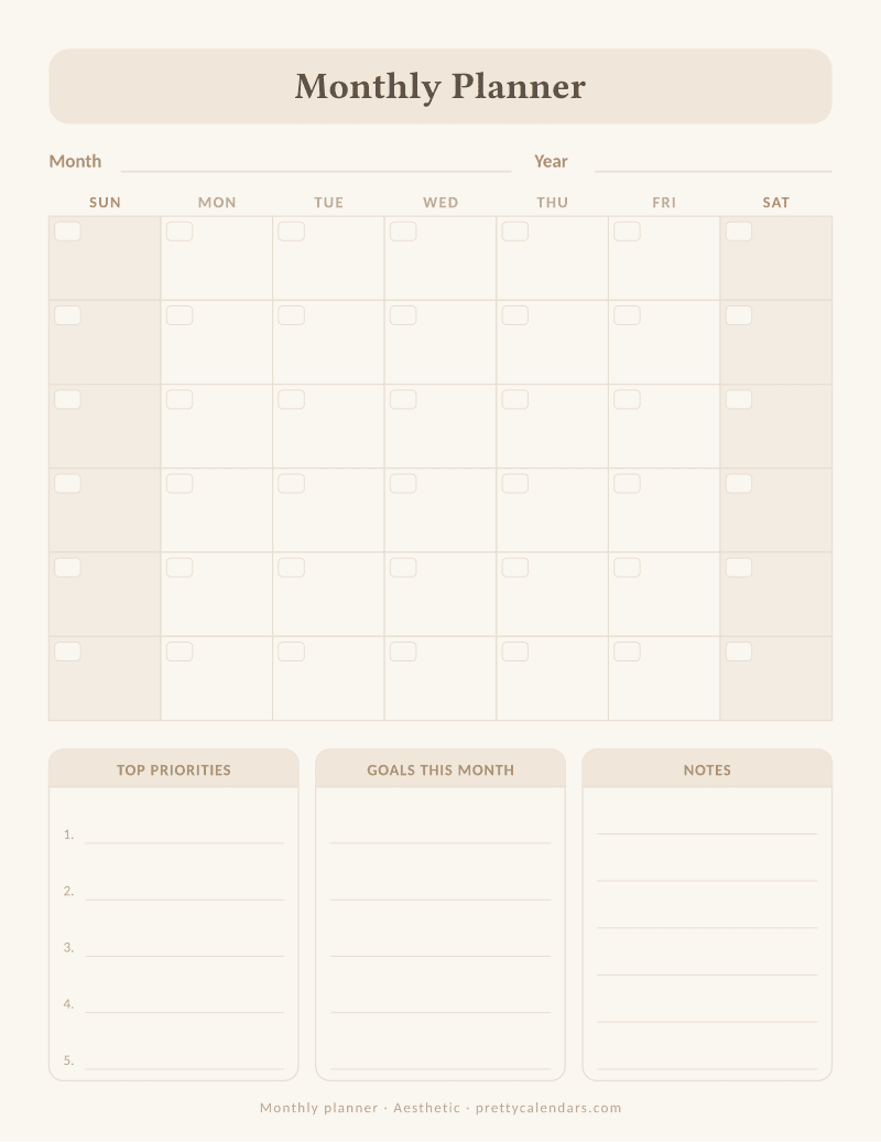 Printable undated monthly planner with a month grid, top priorities, goals and notes blocks, Aesthetic style