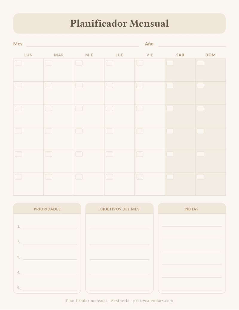Planificador mensual para imprimir, sin fechas, con cuadrícula del mes y bloques de prioridades, objetivos y notas, estilo Aesthetic