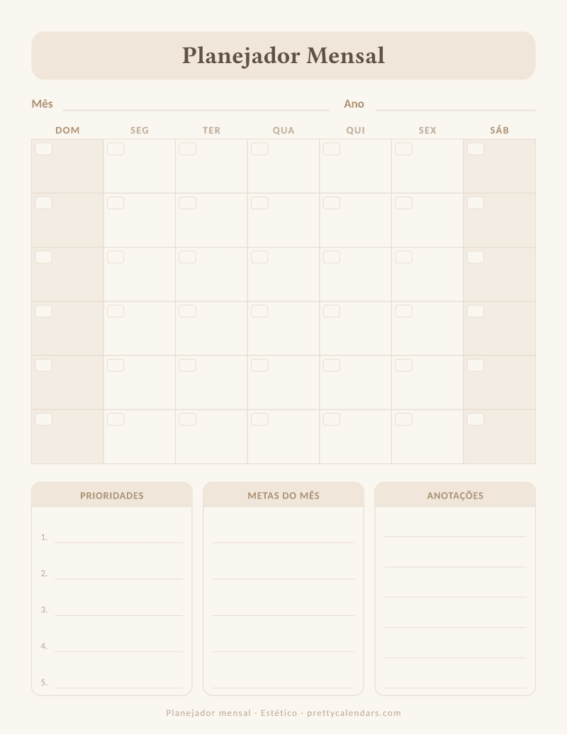 Calendário mensal para imprimir com áreas de planejamento, estilo Estético