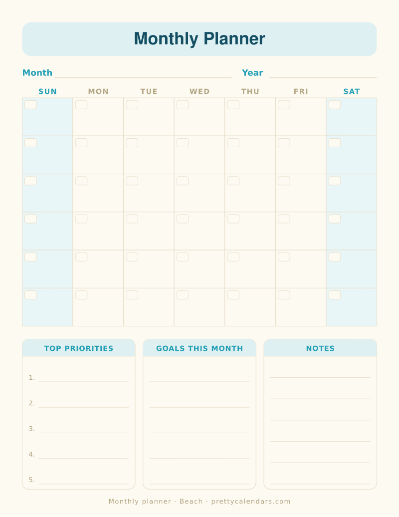 Printable undated monthly planner with a month grid, top priorities, goals and notes blocks, Beach style
