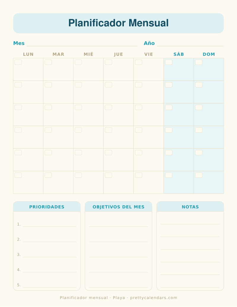 Planificador mensual para imprimir, sin fechas, con cuadrícula del mes y bloques de prioridades, objetivos y notas, estilo Playa