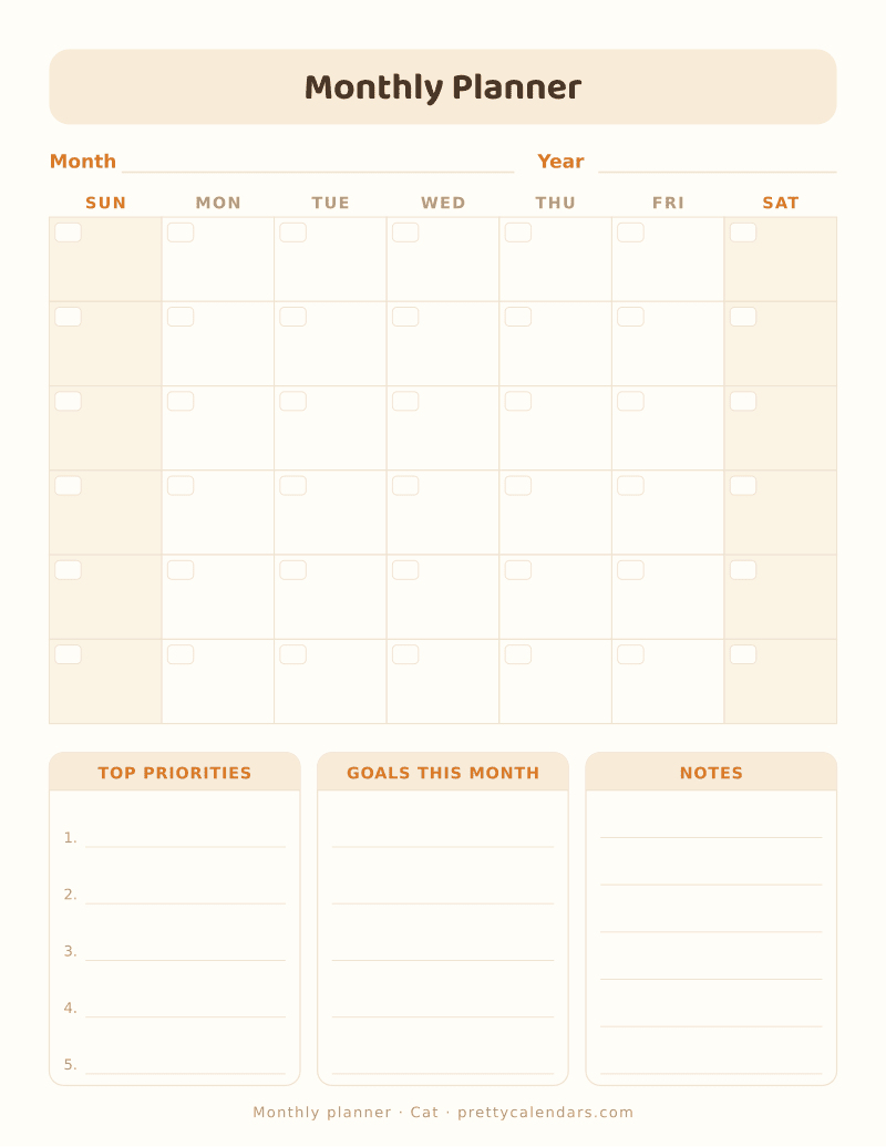 Printable undated monthly planner with a month grid, top priorities, goals and notes blocks, Cat style