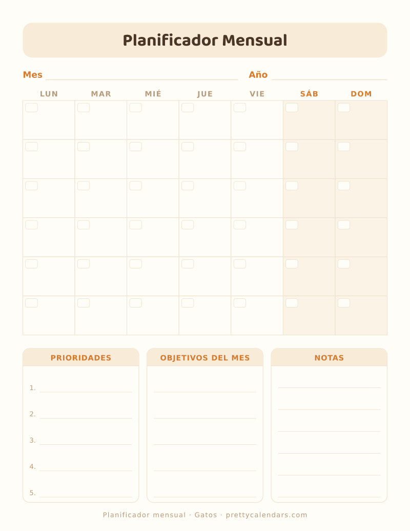 Planificador mensual para imprimir, sin fechas, con cuadrícula del mes y bloques de prioridades, objetivos y notas, estilo Gatos
