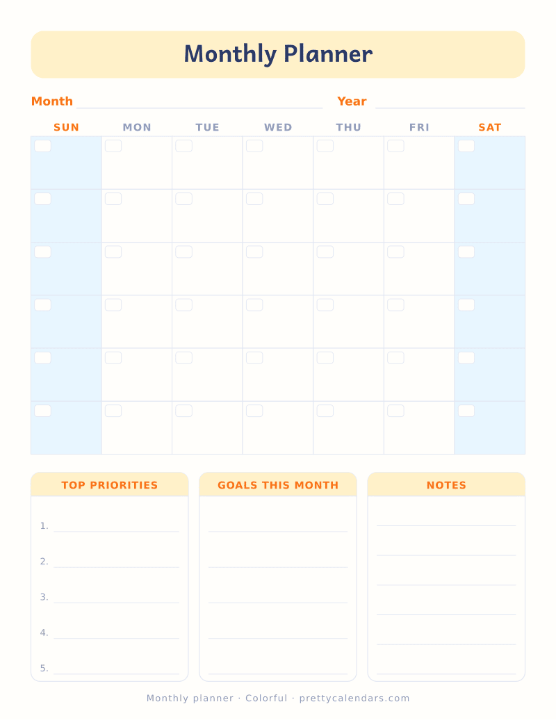 Printable undated monthly planner with a month grid, top priorities, goals and notes blocks, Colorful style