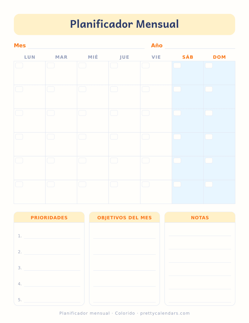 Planificador mensual para imprimir, sin fechas, con cuadrícula del mes y bloques de prioridades, objetivos y notas, estilo Colorido