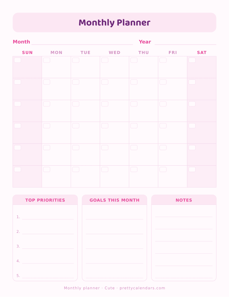 Printable undated monthly planner with a month grid, top priorities, goals and notes blocks, Cute style