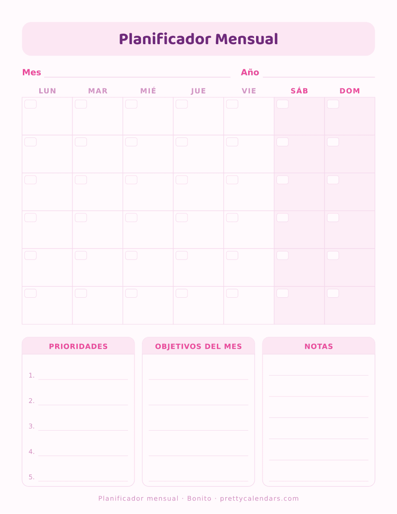Planificador mensual para imprimir, sin fechas, con cuadrícula del mes y bloques de prioridades, objetivos y notas, estilo Bonito