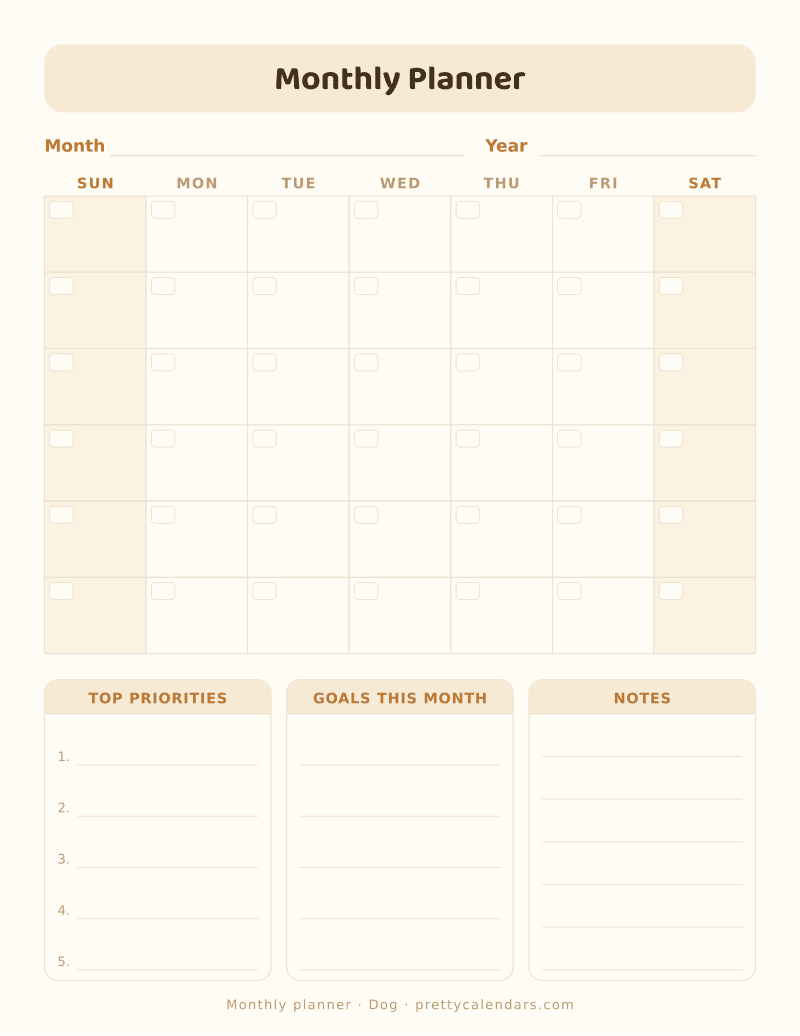 Printable undated monthly planner with a month grid, top priorities, goals and notes blocks, Dog style