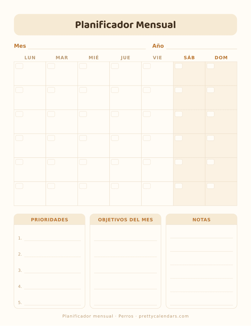 Planificador mensual para imprimir, sin fechas, con cuadrícula del mes y bloques de prioridades, objetivos y notas, estilo Perros