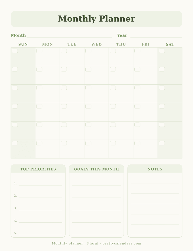 Printable undated monthly planner with a month grid, top priorities, goals and notes blocks, Floral style