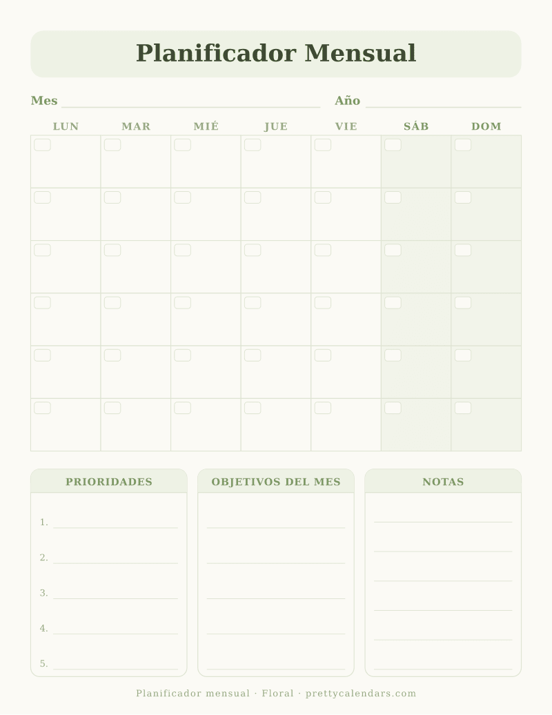Planificador mensual para imprimir, sin fechas, con cuadrícula del mes y bloques de prioridades, objetivos y notas, estilo Floral