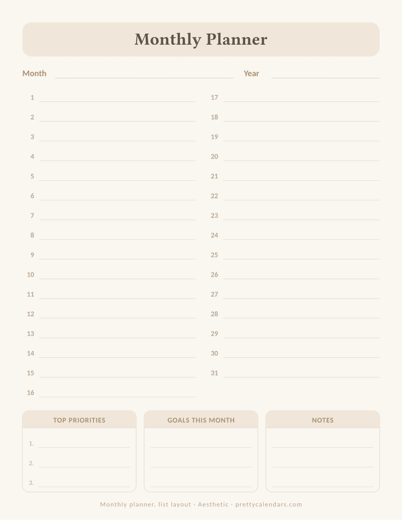 Printable undated monthly planner in a list layout, days 1 to 31 with writing lines plus priorities, goals and notes, Aesthetic style