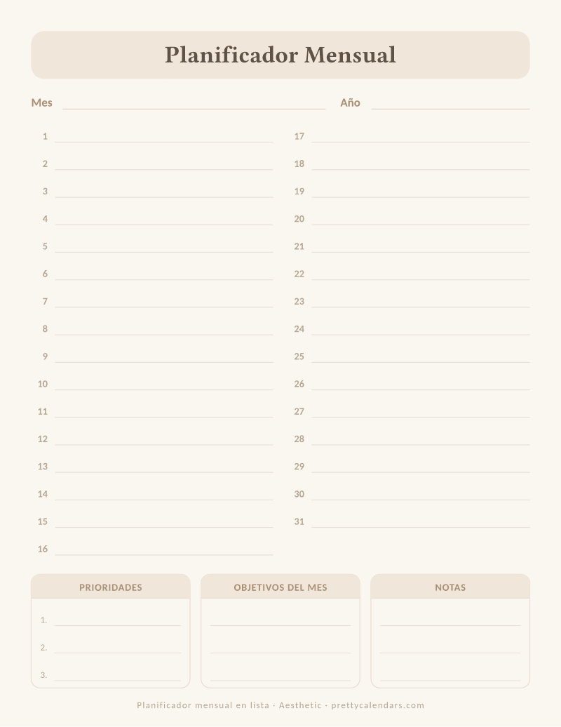 Planificador mensual para imprimir en formato lista, con los días del 1 al 31 y bloques de prioridades, objetivos y notas, estilo Aesthetic