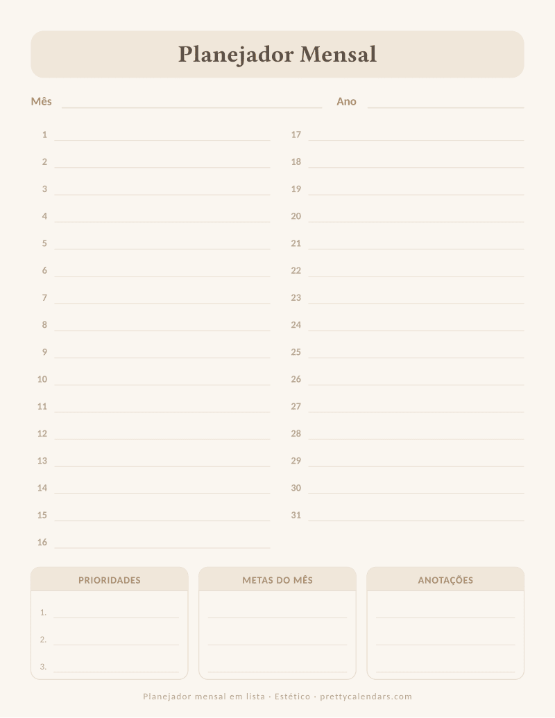 Planejador mensal com linhas numeradas para imprimir, estilo Estético