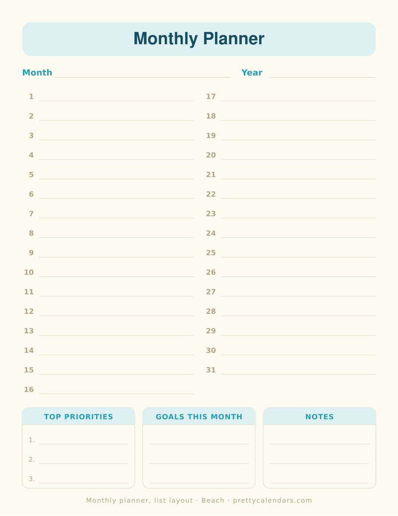 Printable undated monthly planner in a list layout, days 1 to 31 with writing lines plus priorities, goals and notes, Beach style
