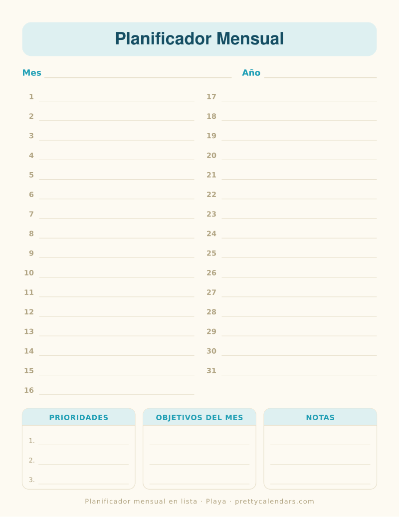 Planificador mensual para imprimir en formato lista, con los días del 1 al 31 y bloques de prioridades, objetivos y notas, estilo Playa