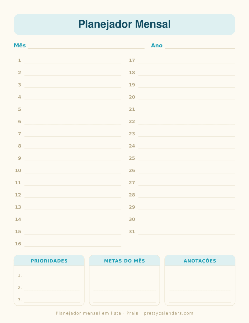 Planejador mensal com linhas numeradas para imprimir, estilo Praia