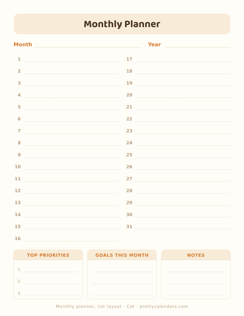 Printable undated monthly planner in a list layout, days 1 to 31 with writing lines plus priorities, goals and notes, Cat style