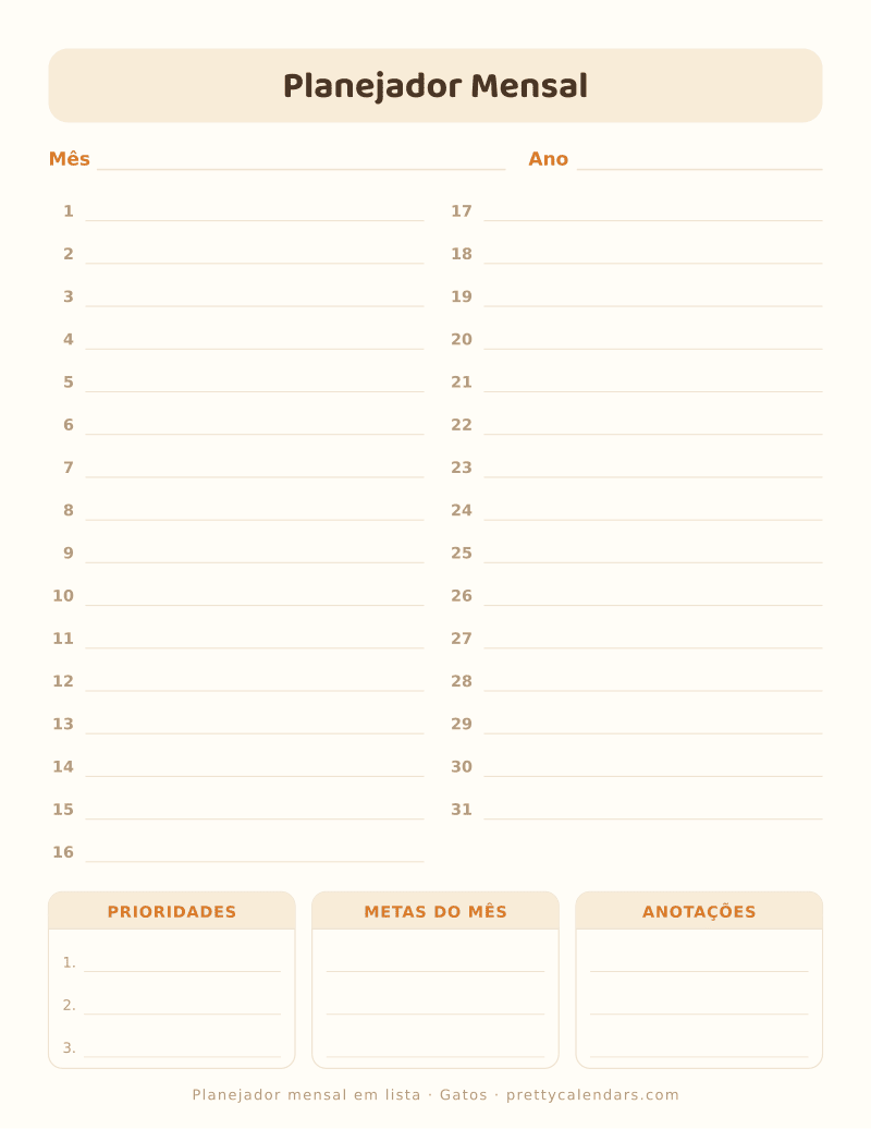 Planejador mensal com linhas numeradas para imprimir, estilo Gatos