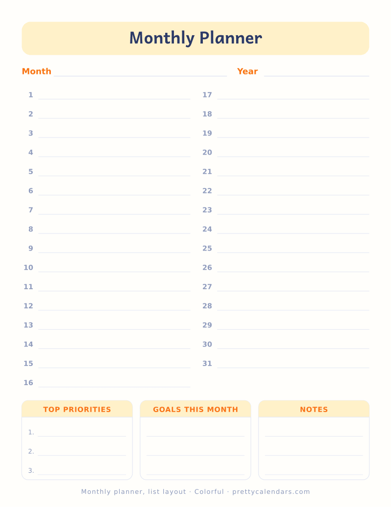 Printable undated monthly planner in a list layout, days 1 to 31 with writing lines plus priorities, goals and notes, Colorful style