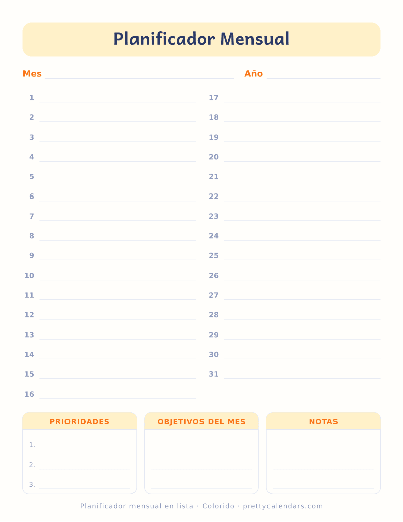 Planificador mensual para imprimir en formato lista, con los días del 1 al 31 y bloques de prioridades, objetivos y notas, estilo Colorido