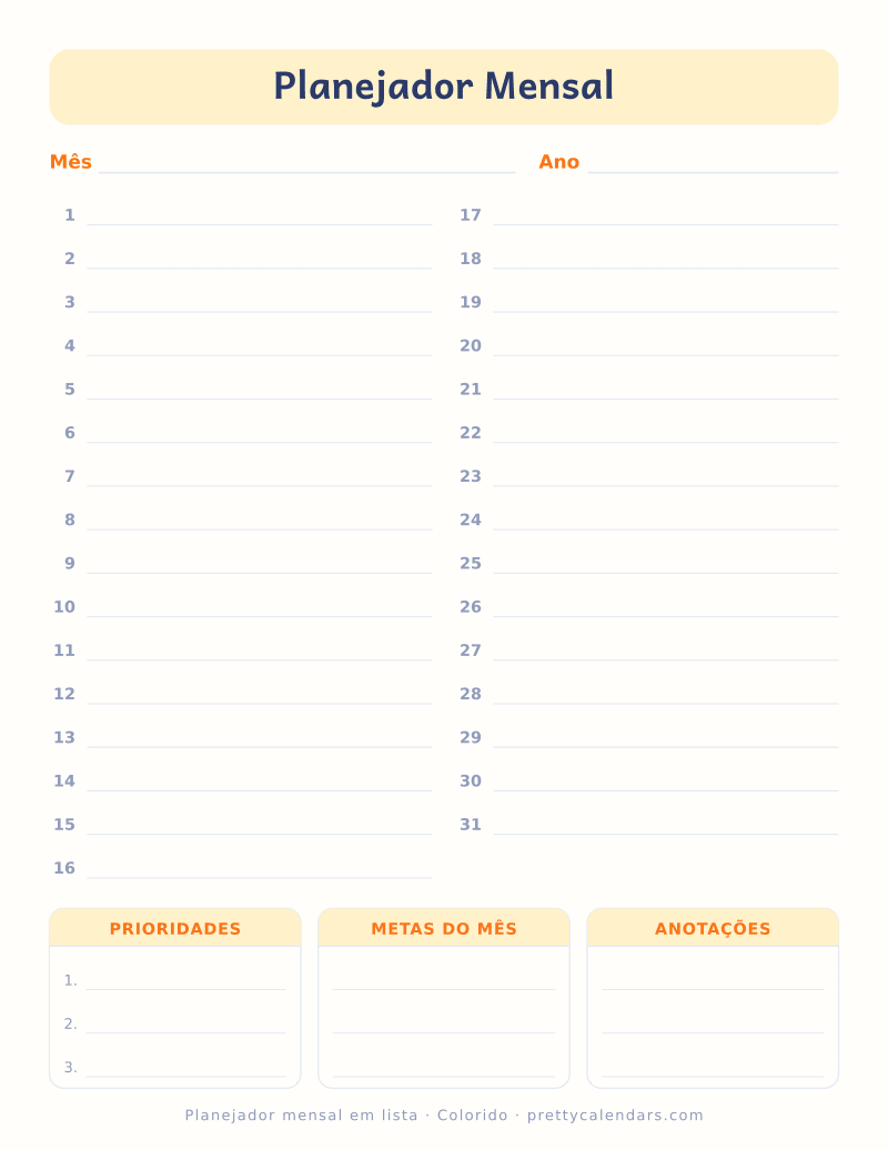 Planejador mensal com linhas numeradas para imprimir, estilo Colorido