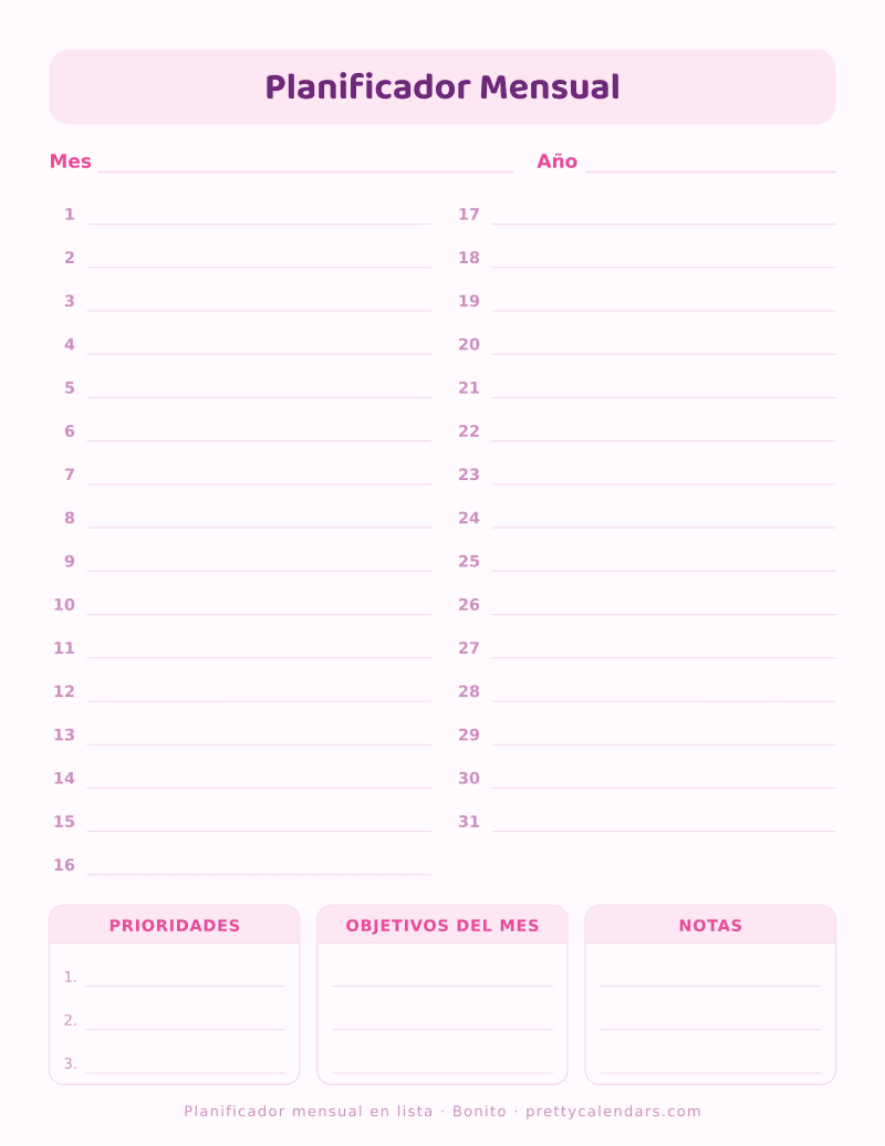 Planificador mensual para imprimir en formato lista, con los días del 1 al 31 y bloques de prioridades, objetivos y notas, estilo Bonito