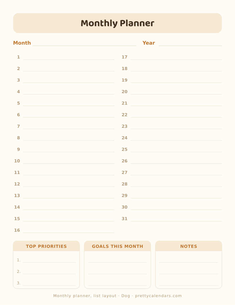 Printable undated monthly planner in a list layout, days 1 to 31 with writing lines plus priorities, goals and notes, Dog style