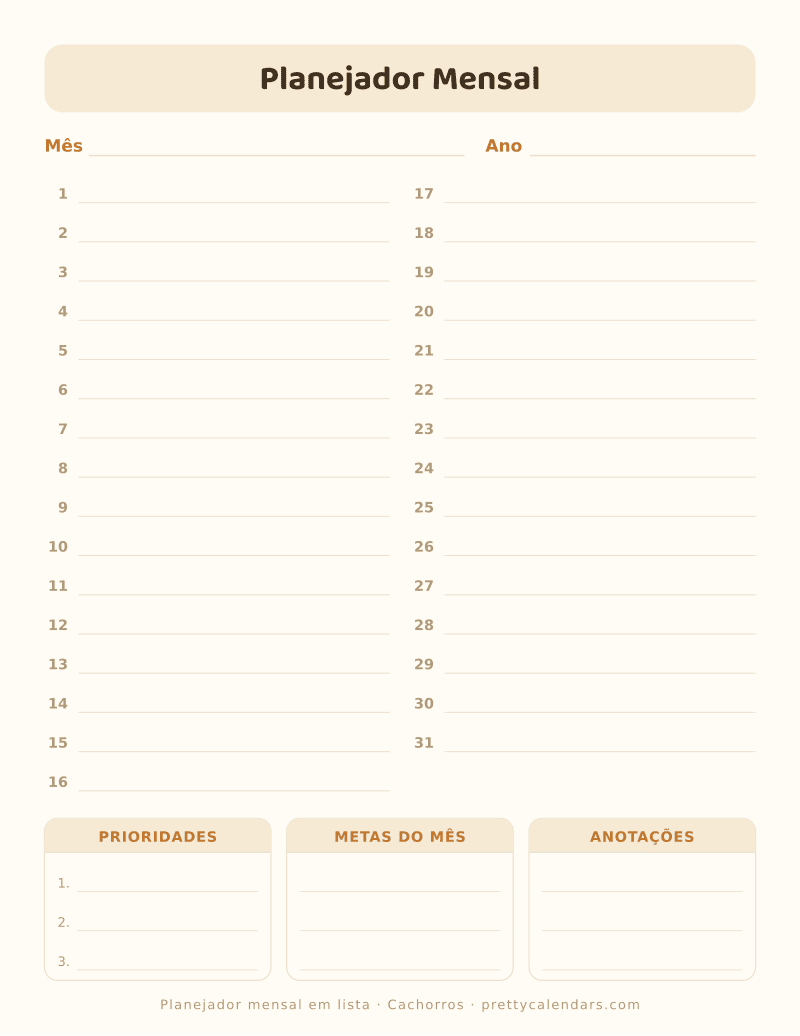 Planejador mensal com linhas numeradas para imprimir, estilo Cachorros