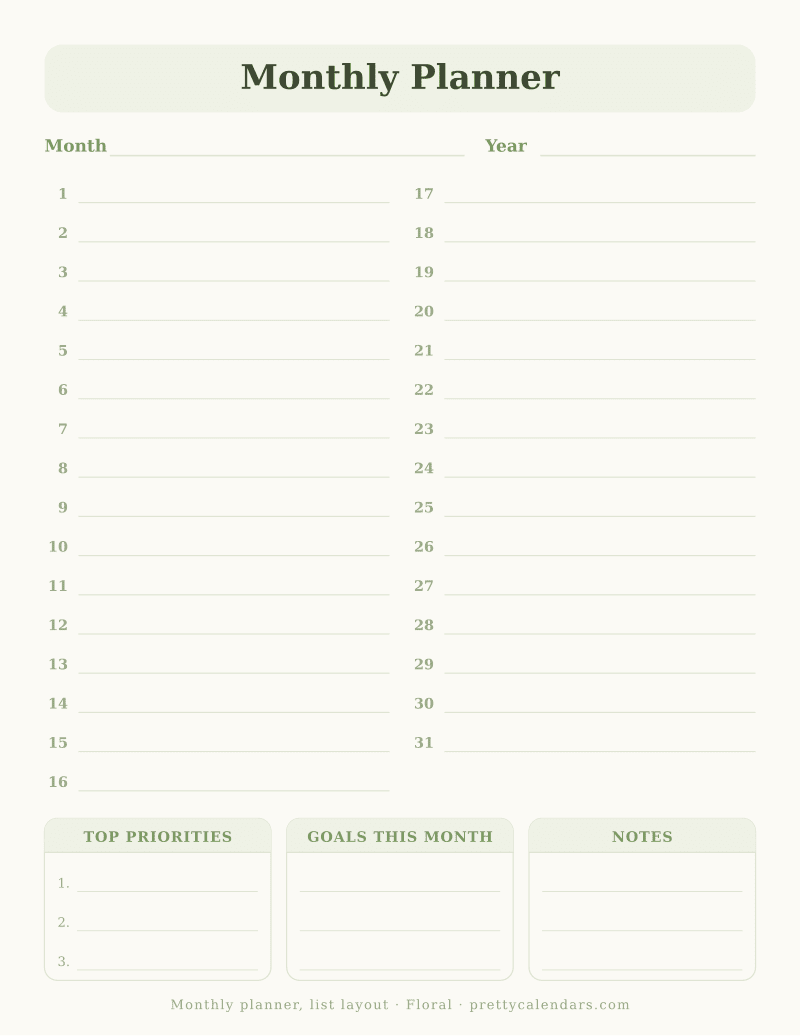 Printable undated monthly planner in a list layout, days 1 to 31 with writing lines plus priorities, goals and notes, Floral style