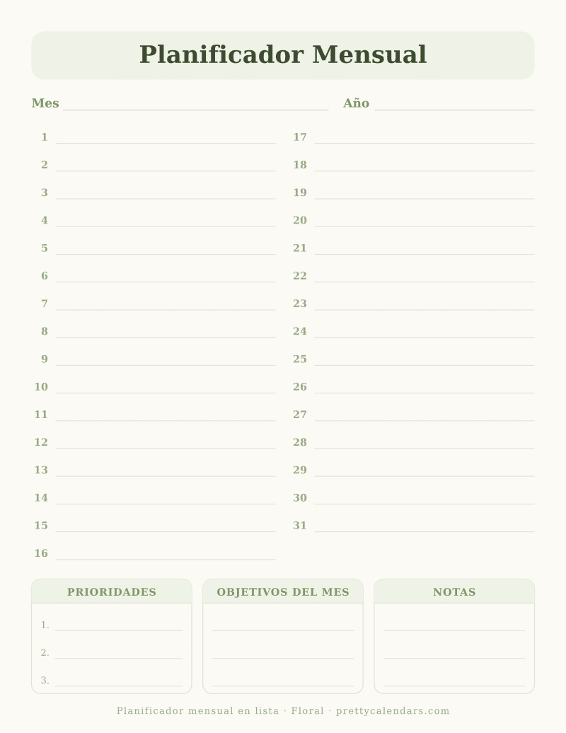 Planificador mensual para imprimir en formato lista, con los días del 1 al 31 y bloques de prioridades, objetivos y notas, estilo Floral