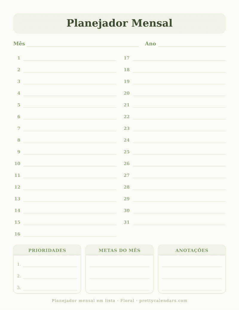 Planejador mensal com linhas numeradas para imprimir, estilo Floral