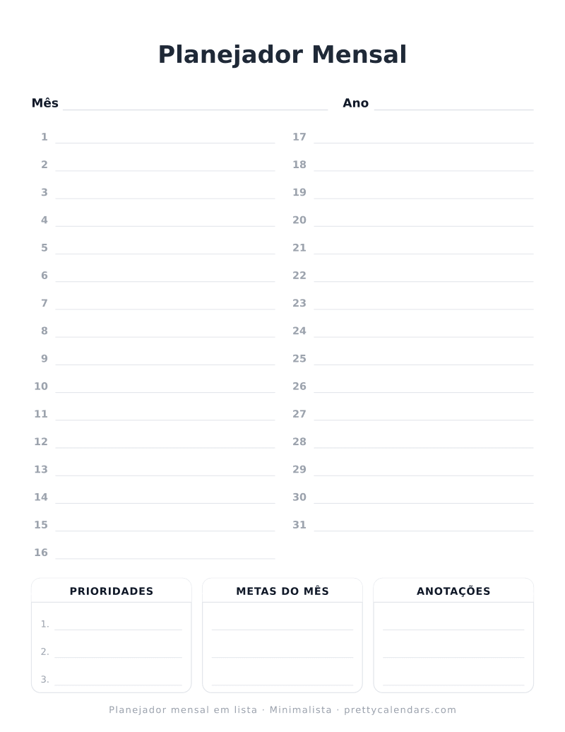 Planejador mensal com linhas numeradas para imprimir, estilo Minimalista
