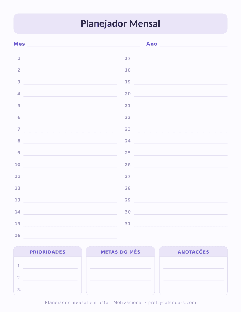 Planejador mensal com linhas numeradas para imprimir, estilo Motivacional