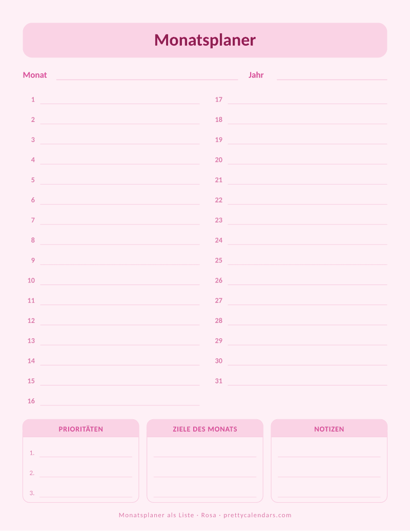 Druckbarer Monatskalender mit nummerierter Monatsliste, Design Rosa