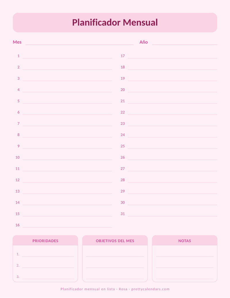 Planificador mensual para imprimir en formato lista, con los días del 1 al 31 y bloques de prioridades, objetivos y notas, estilo Rosa