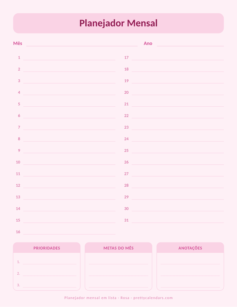 Calendário mensal para imprimir com lista mensal numerada, estilo Rosa