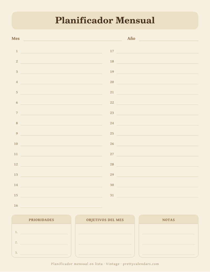 Planificador mensual para imprimir en formato lista, con los días del 1 al 31 y bloques de prioridades, objetivos y notas, estilo Vintage