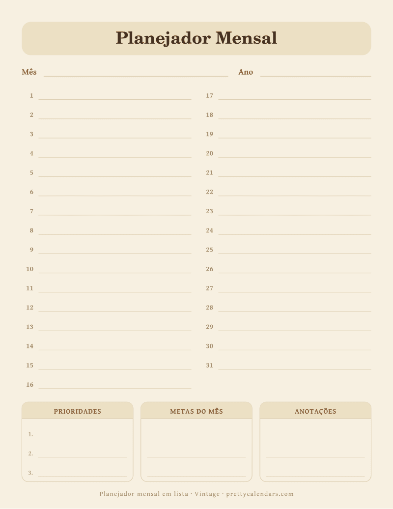 Planejador mensal com linhas numeradas para imprimir, estilo Vintage