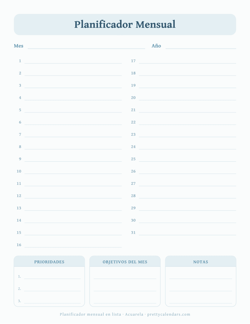 Planificador mensual para imprimir en formato lista, con los días del 1 al 31 y bloques de prioridades, objetivos y notas, estilo Acuarela
