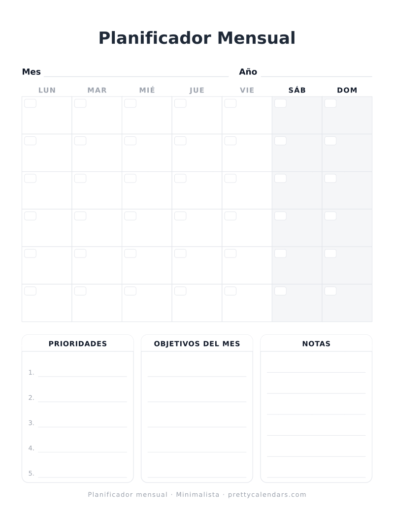 Planificador Mensual: sin fechas y para imprimir