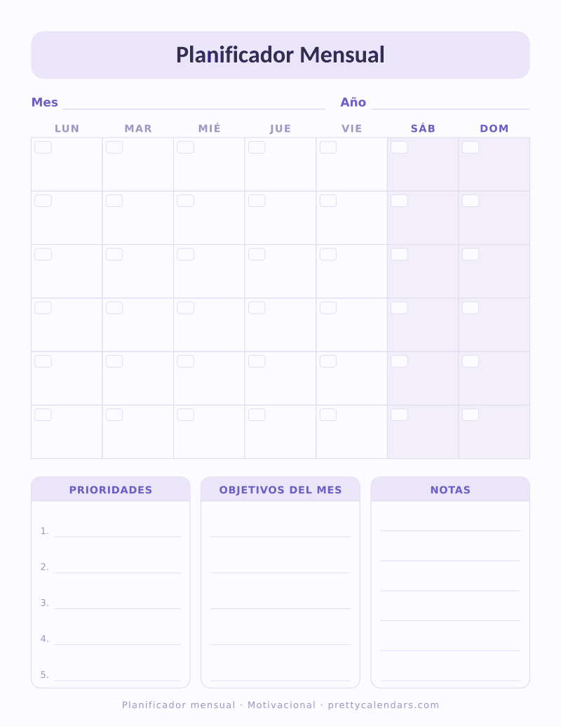Planificador mensual para imprimir, sin fechas, con cuadrícula del mes y bloques de prioridades, objetivos y notas, estilo Motivacional