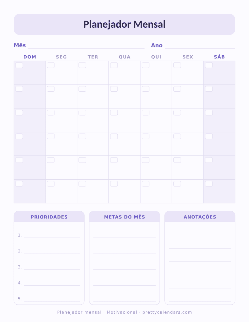 Planejador mensal sem data para imprimir, estilo Motivacional