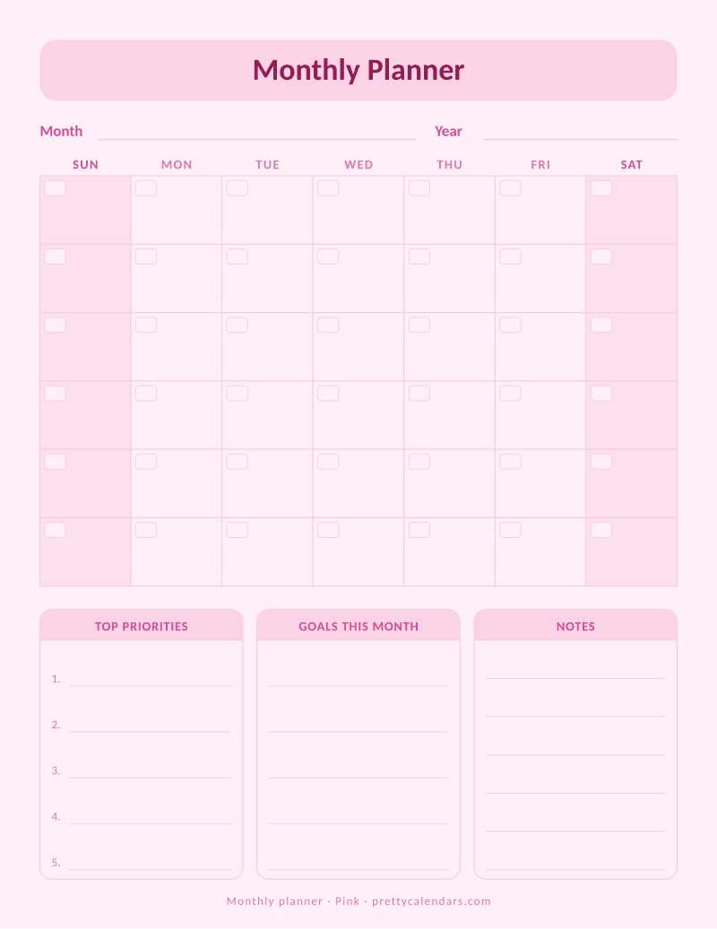 Printable undated monthly planner with a month grid, top priorities, goals and notes blocks, Pink style