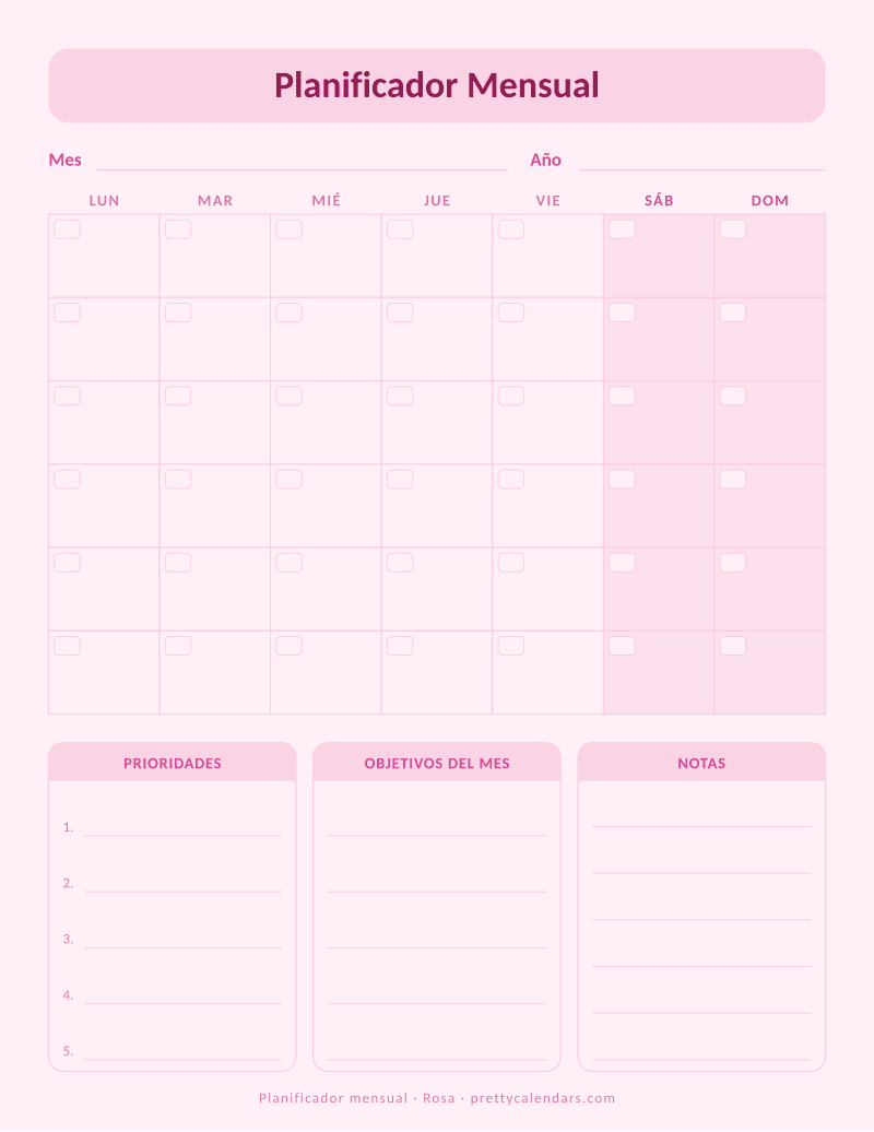 Planificador mensual para imprimir, sin fechas, con cuadrícula del mes y bloques de prioridades, objetivos y notas, estilo Rosa