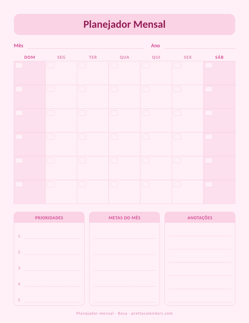 Planejador mensal sem data para imprimir, estilo Rosa