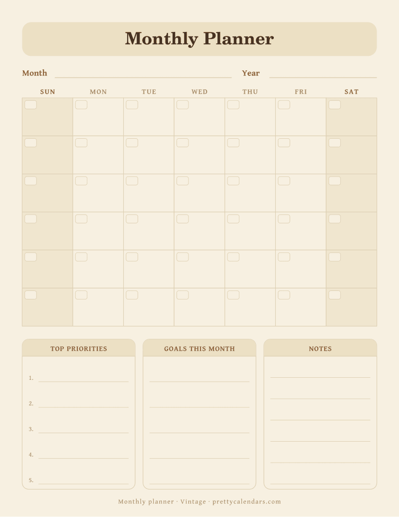Printable undated monthly planner with a month grid, top priorities, goals and notes blocks, Vintage style