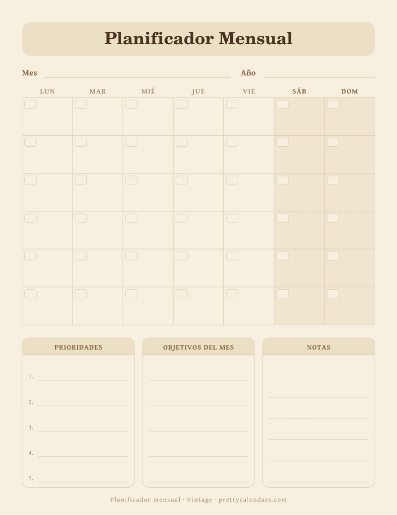Planificador mensual para imprimir, sin fechas, con cuadrícula del mes y bloques de prioridades, objetivos y notas, estilo Vintage