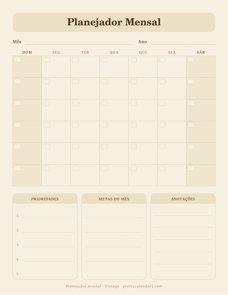 Planejador mensal sem data para imprimir, estilo Vintage