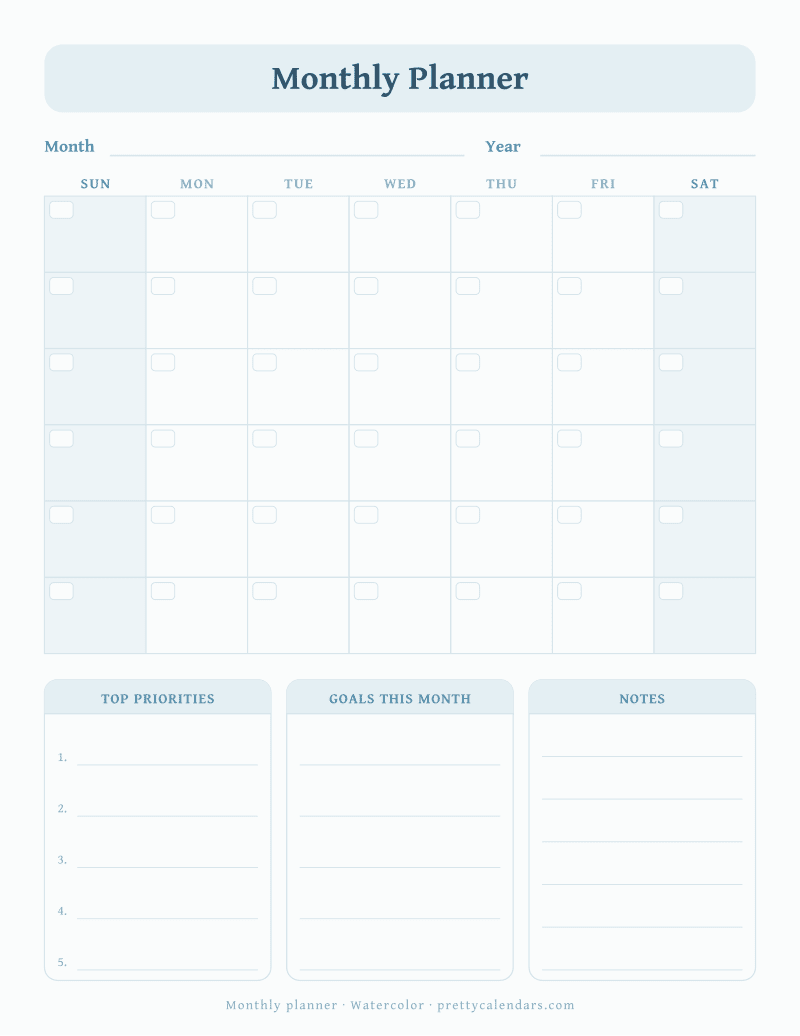 Printable undated monthly planner with a month grid, top priorities, goals and notes blocks, Watercolor style